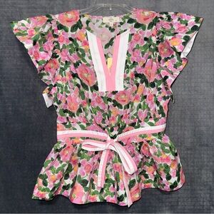 Entro Women’s Small Pink and Green Floral Peplum Flutter Sleeve Blouse